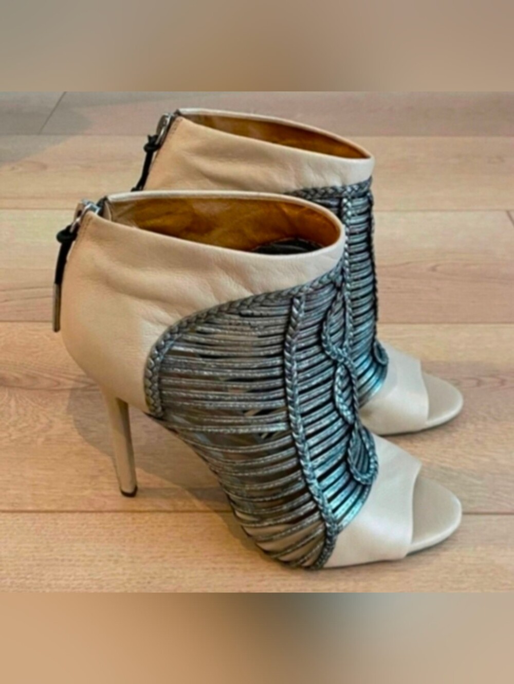 L.A.M.B. Cream and Metallic Women's Leather Ankle Boots